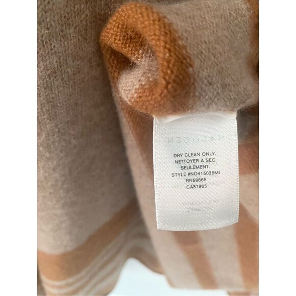 Halogen 100% Cashmere Strip Border Poncho in Tan O/S - Picture 6 of 8